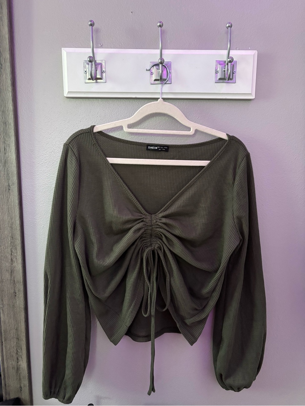 SHEIN Olive Drawstring Ruched V-Neck Long Sleeve Top